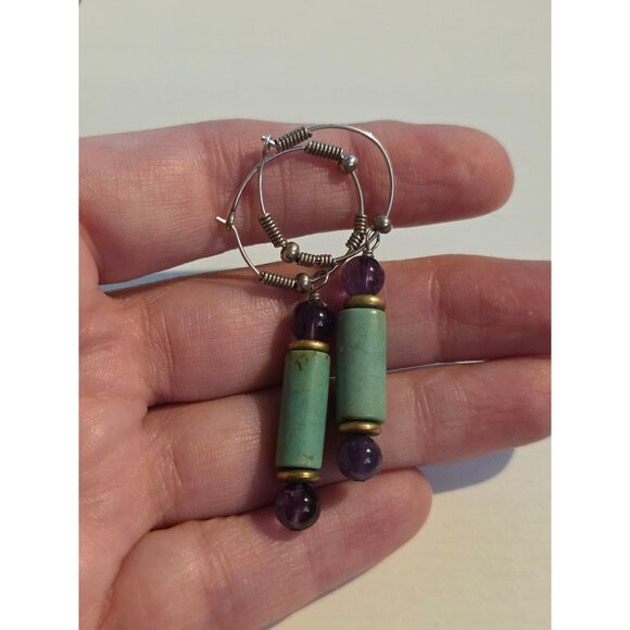 Turquoise Amethyst Dangle Hoop Earrings Handcrafted Boho Gemstone Jewelry - Picture 3 of 4